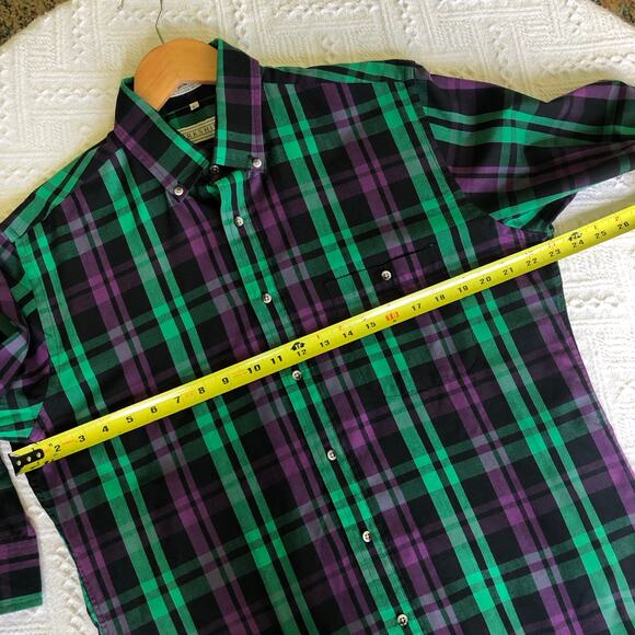 VTG 70s Parkshire Plaid Button Down Dress Shirt L Green Purple Korea Retro Prep - Picture 6 of 6